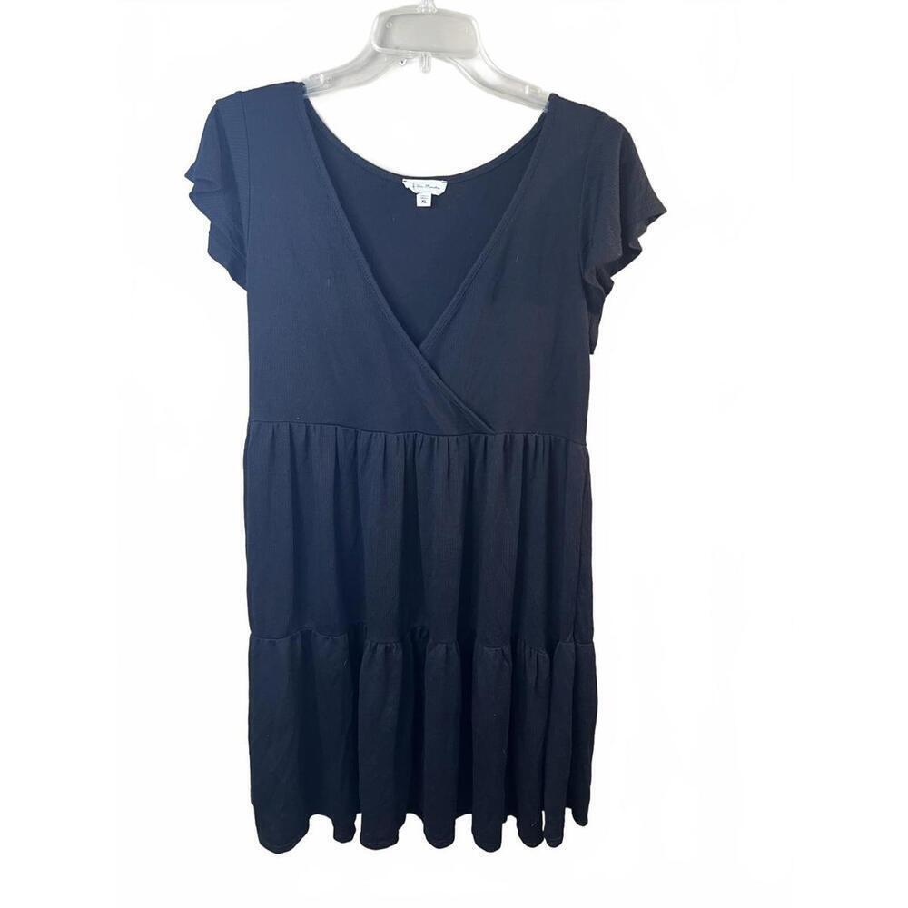 Anthropologie See You Monday Black Ribbed V-Neck Tiered Knee Length Dress XL